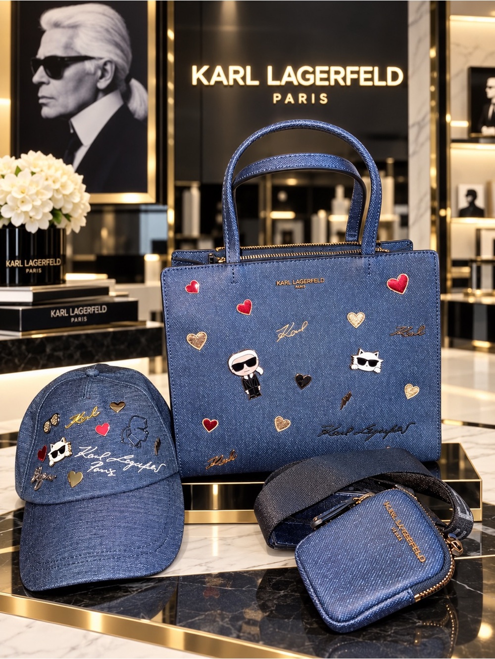 Karl Lagerfeld Navy Denim Embellished Bag and Hat